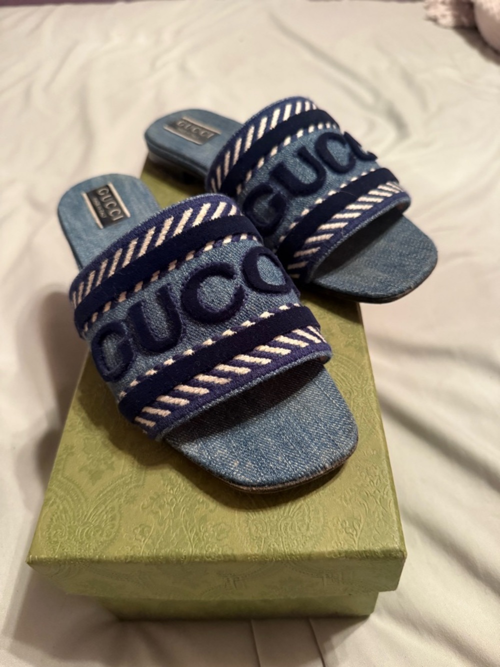 Gucci Denim Slide Sandals in Light Blue and Navy - Picture 2 of 5